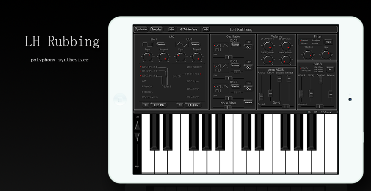 LH Rubbing polyphonic synthesizer interface with touch keyboard and synthesis controls